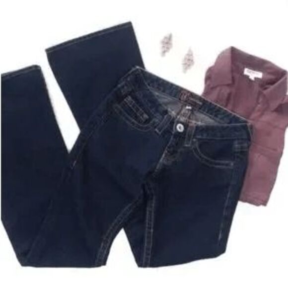 Bebe Kayla Gold Rhinestone Embellished Deep Wash Flare Stretchy Jeans Size: 26P - Picture 6 of 9